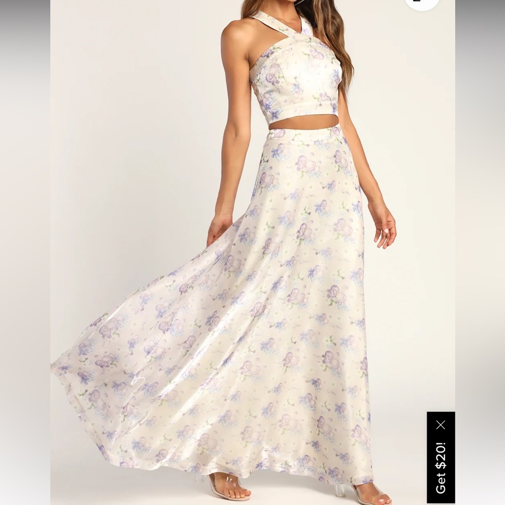 Lulu's Cream and Purple Floral Prom Dress